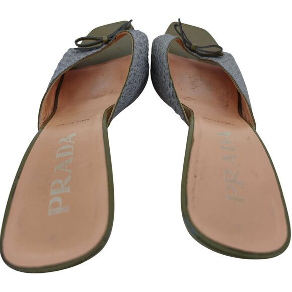 Vintage Prada Italy Designer Heels Grey Green Leather Womens 9 Mules Dress Shoes - Picture 14 of 14